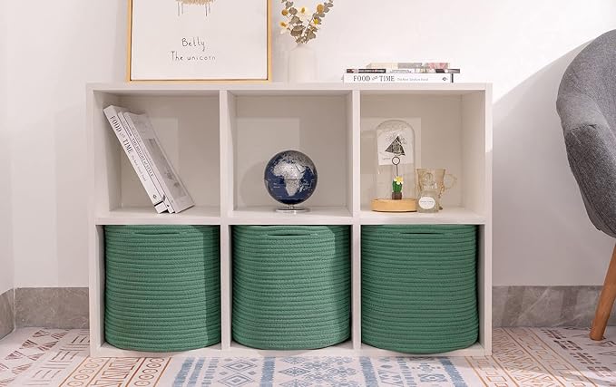 voten Storage Cubes Baskets Bins Organizer 11x11x11'' Fit 12x12''Cube Storage Organizer Bookcases Shelf,Durable Woven Cotton Storage Basket for Organizing,Round 3Pack Green