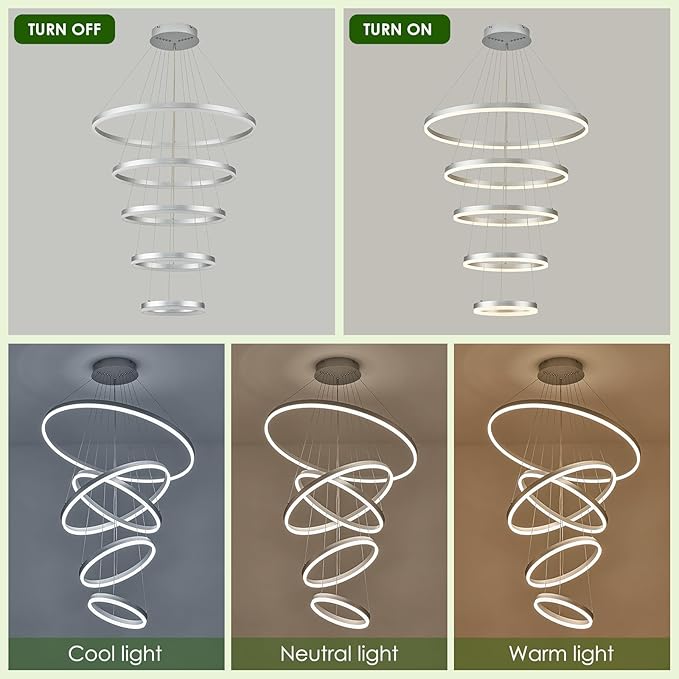 5 Rings D31.5 Modern LED Chandelier Silver Large Dimmable Circular High Ceiling Chandeliers with Remote Control for Foyer Dining Room Living Room Staircase Villa, 3000K-6500K CCT