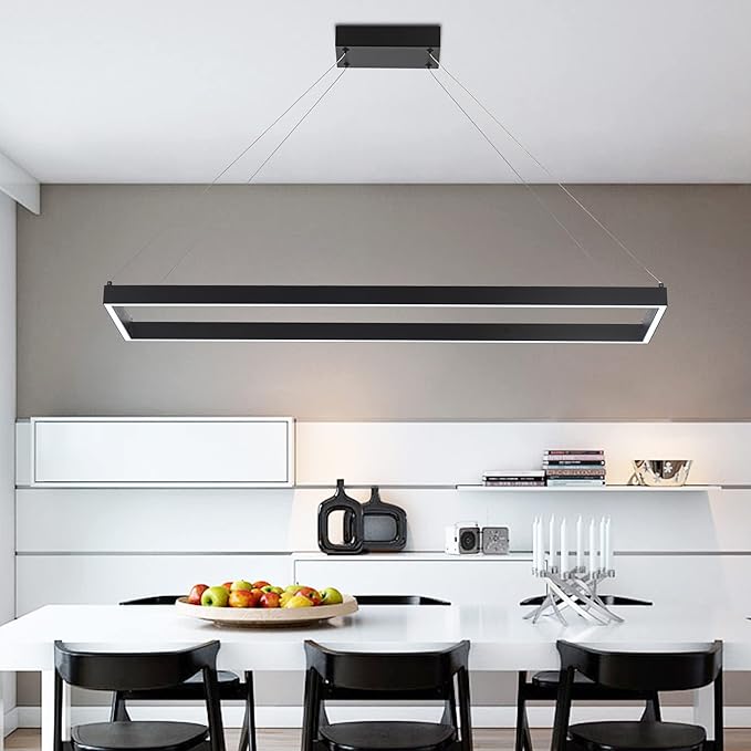 Modern Led Chandelier Linear Rectangle Chandelier Modern Led Pendant Light Kitchen Island Lighting Fixture 6000K Dimmable 39.4” Contemporary Hanging Light for Dining Room Living Room Black