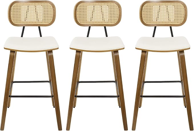 Counter Height Bar Stools Set of 3, Mid Century Modern Counter Stools, 26" Wood Kitchen Stool PU Leather Upholstered Barstool with Rattan Back, Counter Height Island Dining Bar Chair, Cream White