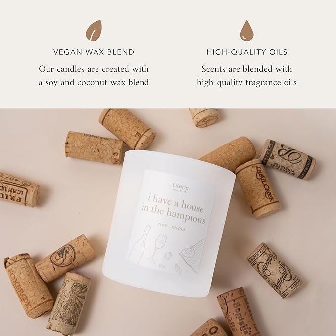 Literie NYC Inspired Scented Candle: I Have A House in The Hamptons - Rosé & Melon Scent, 9oz, 50 Hour Burn, Vegan Soy & Coconut Blend Candle for Home Decor, Gift for Women & Men