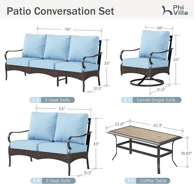 PHI VILLA Outdoor Modern Patio Furniture Set, Upgraded Wicker&Metal Patio Furniture Conversation Set with Waterproof Thick Cushions for Porch, Poolside, Deck, and Yard (5 Pieces,Blue)