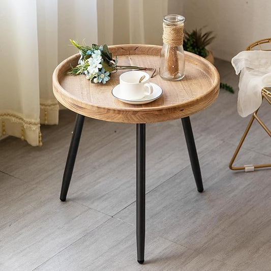 Tiita Round End Table Mental Side Table Nightstand/Small Wood Tables Accent Coffee Table with Wooden Tray for Living Room Bedroom Office Small Space
