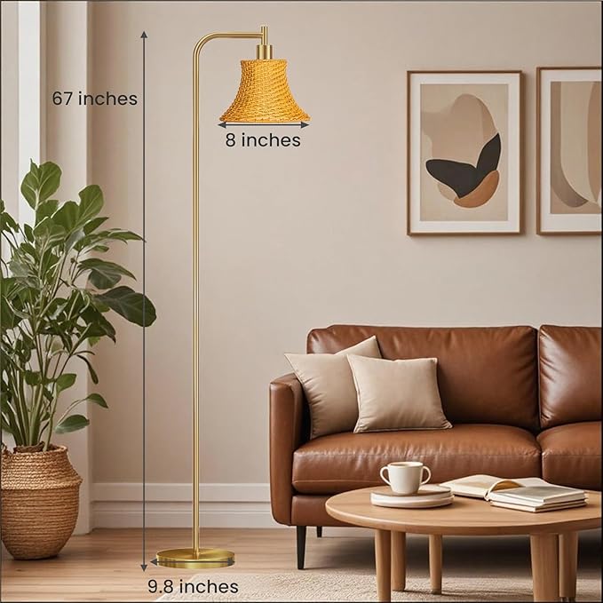 Floor Lamp,67" Modern Vintage Standing Lamp with Bamboo Weave Lampshade Metal Pole for Living Room, Bedroom, Office - Heavy Base,Pedal Switch(Include E26 Bulb)