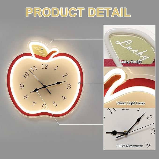jXIN 12 Inch Apple Shaped Novelty Fun Shaped Wall Clock, 2-in-1 LED Silent Clock and Warm White Night Light, Creative Decorative Clock for Cozy Atmosphere Children's Room