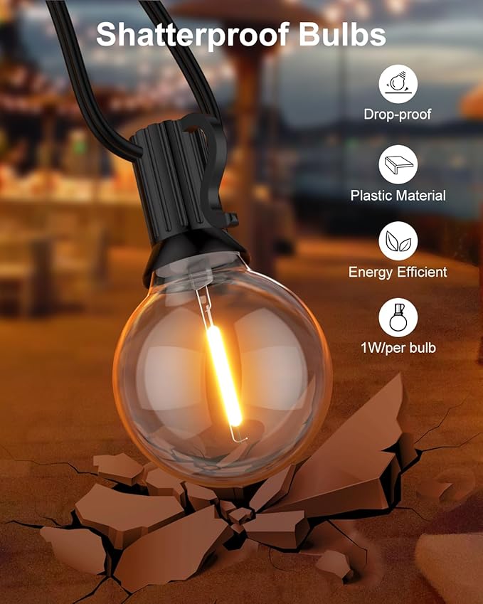 GLUROO Outdoor String Lights, 30FT LED Patio Lights Outdoor Wateproof with 15+1 Globle Bulbs Shatterproof, 2700K Outside for Backyard,Bistro,Camping,Deck,Yard,Garden