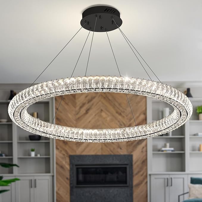 Dimmable LED 47.5" Large Ring Pendant Light Modern Black Crystal Chandelier Adjustable Round Crystal Chandelier Light for Dining Room Living Room