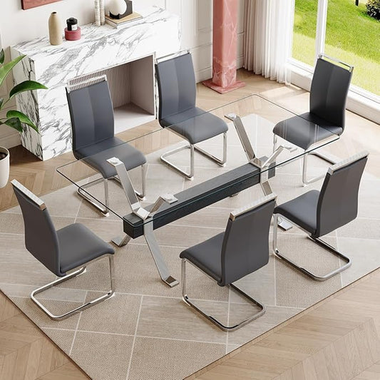 7 Piece Glass Dining Table Set, Kitchen Table Chairs Set for 6, 71'' Dining Table with 0.4" Tempered Glass Tabletop with Plated Metal Legs and MDF Crossbar, 6 PU Chairs for Dining Room, Kitchen.