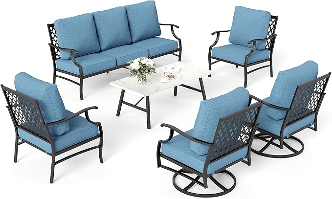 6 Piece Metal Outdoor Patio Furniture Set, Patio Conversation Sets 1 3-Seater Sofa, 2 Swivel Chair, 2 Leg Chair with 5.75" Thick Cushion and Coffee Table, Backyard Furniture Set, Navy