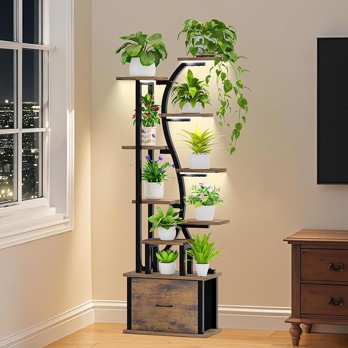 Plant Stand Indoor with Grow Lights - 9 Tiered Plant Shelf Indoor with Drawer, 65" Corner Plant Stand for Indoor Plants, Lighted Large Plant Stands, Flower Rack Display for Living Room, Garden, Patio