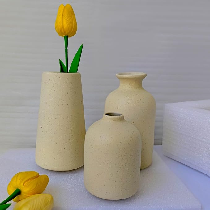 Beige Ceramic Vases Set of 3 for Pampas Grass & Dried Flowers, Creative Modern Boho Farmhouse Décor, Small Ceramic Vase for Shelf, Desk, Bookshelf and Entryway