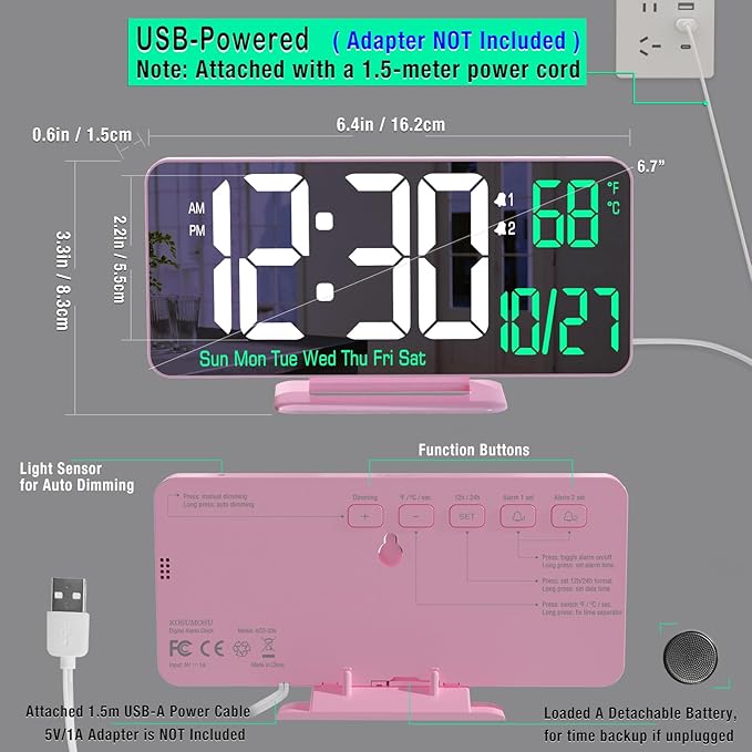 KOSUMOSU Pink Digital Clock 6.7in Desk Clock with Dual Alarm Clock, Dimming, 12/24h, Date, Day of Week, Temp, Digital LED Clock, Alarm Clock for Table, Digital Calendar Table Clocks for Bedrooms