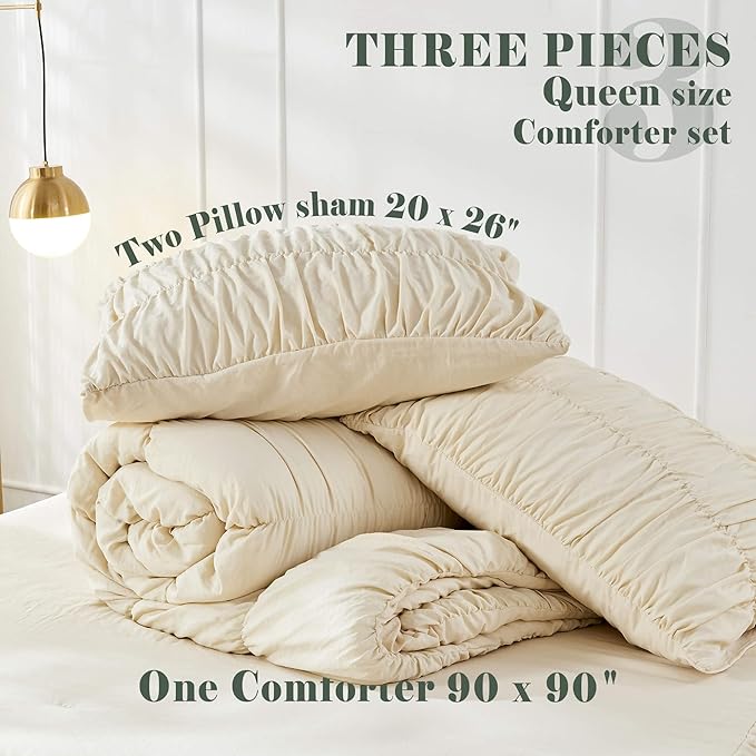 Queen Comforter Set - Ruched Comforter Queen Size Bed Set Boho Shabby Chic Bedding for Bedroom Comforter Fluffy 3 Piece Ruffle Comforter Set with Pillow White Bedding Soft