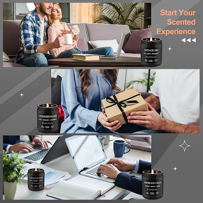 Scented Candles Gift Set - 4 Pack (7oz Each) Soy Wax Aromatherapy Candles with Essential Oils, Smokeless - Leather & Smoke, Vanilla Oakmoss, Lavender - Relaxing Fragrance for Home, Office, Yoga