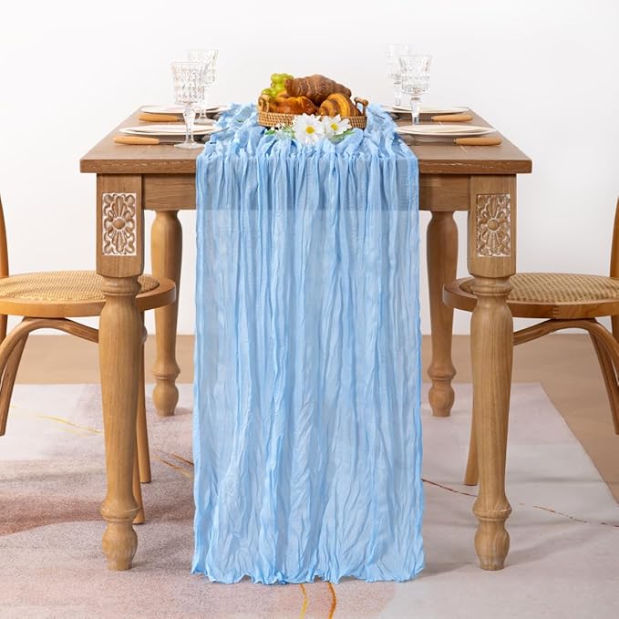 MLMC Light Blue Table Runner Baby Blue Cheesecloth Table Runner 10ft Baby Shower Decorations Rustic Gauze Fall Cheese Cloth Centerpiece 35x120 Inches for Gender Reveal Birthday Party Wedding Decor