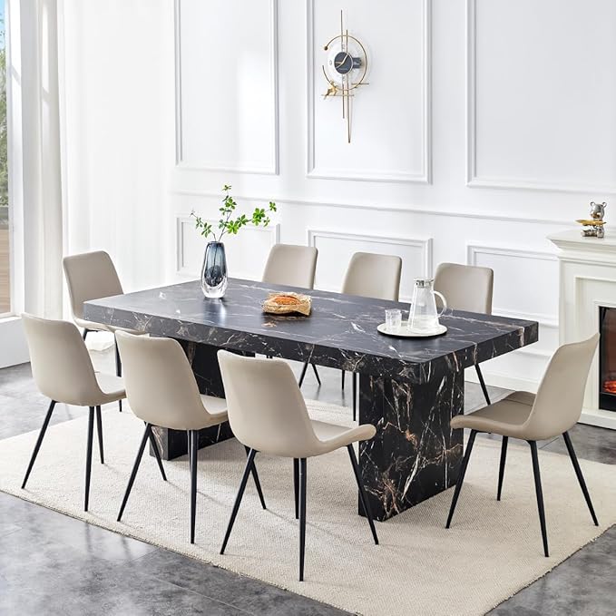 79" Marble Dining Table Set｜Modern Dining Table Set with 8 Faux Leather Chairs｜Engineered Wood with Marble Pattern Tabletop｜Widened and Stable Tablelegs｜Easy Assembly