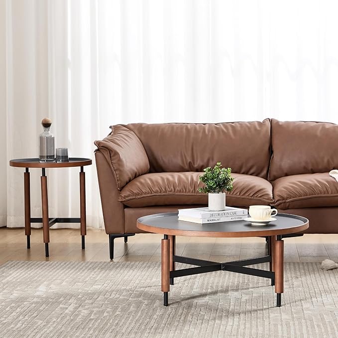 HEAH-YO Round Nesting Coffee Table Set of 2, Wood Tray Top Accent Table with Walnut Wrapped Metal Legs, Industrial & Farmhouse Side Table for Living Room/Office Reception, Black