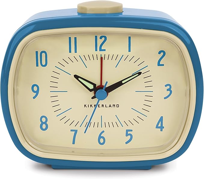Kikkerland Retro Alarm Clock – Vintage Decor for Bedroom, Nightstand, Living Room, or Office – Battery Operated, Glow in The Dark, Decorative Analog Clock, Blue