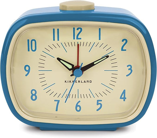 Kikkerland Retro Alarm Clock – Vintage Decor for Bedroom, Nightstand, Living Room, or Office – Battery Operated, Glow in The Dark, Decorative Analog Clock, Blue