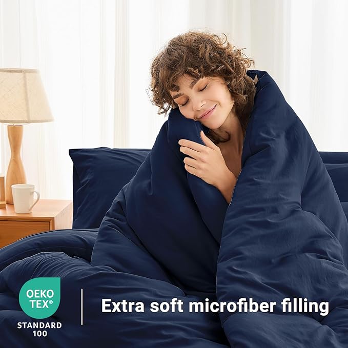 MUXHOMO 5 Pieces Twin XL Comforter Set, Soft Bed in a Bag Twin XL Size, All Season Bedding Set with Comforter, Flat Sheet, Fitted Sheet, Pillowcases & Shams, Navy Blue