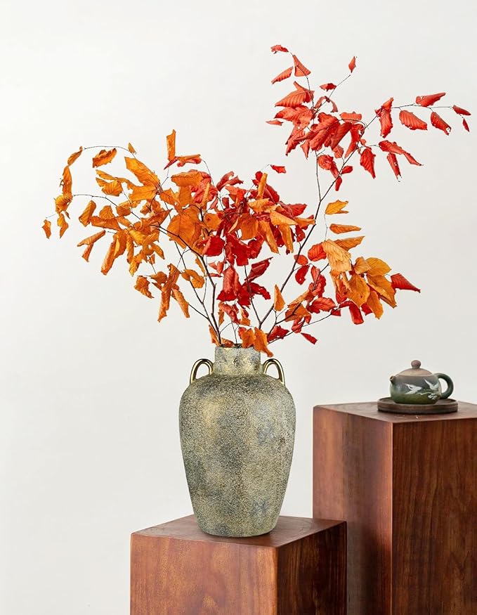 Large Ceramic Vase, 11.2" Tall Rustic Farmhouse Vase, Vintage Flower Vase with 2 Ears, Electroplated Terracotta Boho Vases for Home, Living Room, Shelf, Mantel, Entryway, Wedding, Tabletop Decor