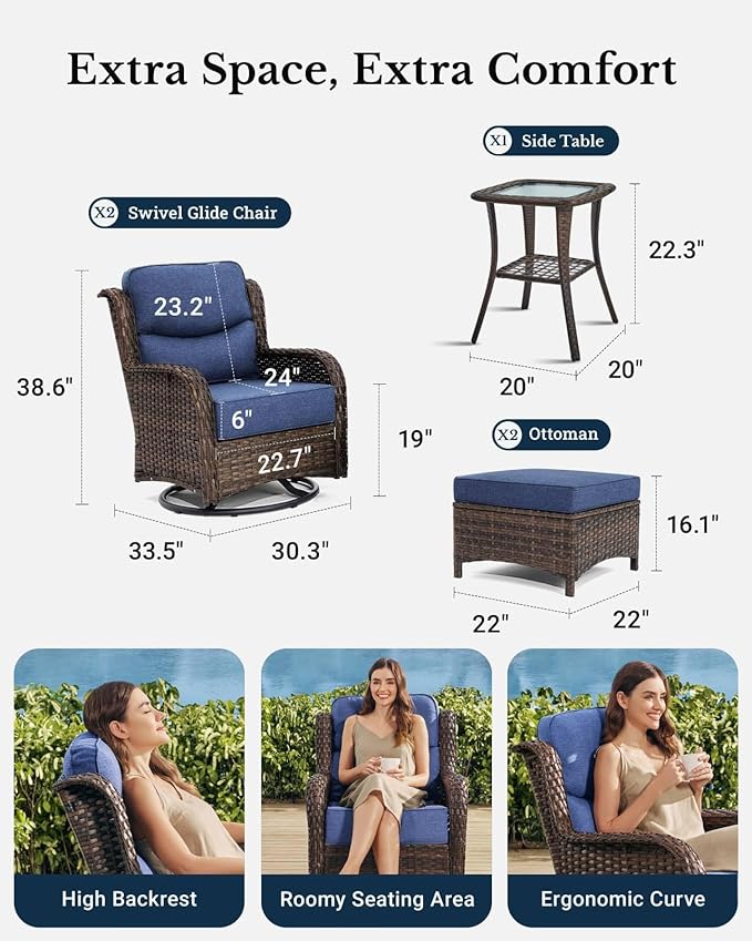 HILLGA Luxury Outdoor Swivel Rocker Patio Chairs of 2 with 6 Inch Thick Cushions and Side Table, Swivel Outdoor Chairs 5PCS High Back Wicker Patio Furniture Set for Porch, Balcony, Deck in Blue