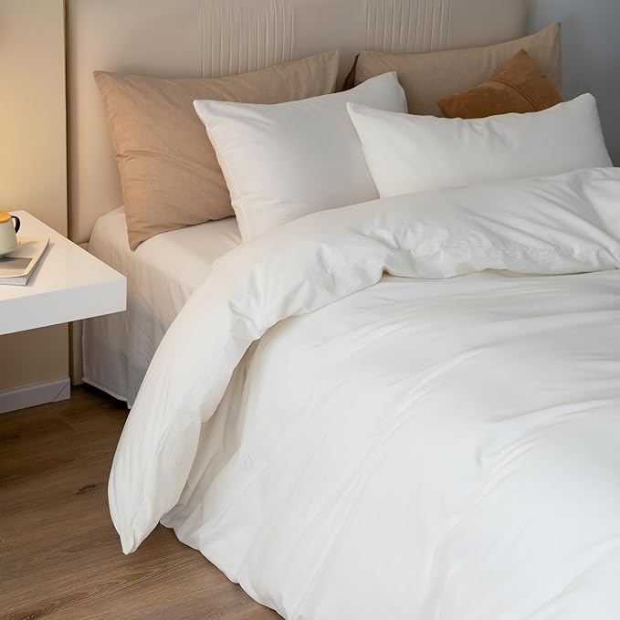 JIYUAN 100% Washed Cotton Duvet Cover Set 3 Pieces Super King, 1 Duvet Cover 108x98 Inches(Comforter Not Included) and 2 Pillowcases,Linen Feel Bedding Set Comfy and Breathable,Off White