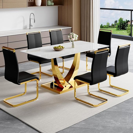 63” Dining Room Table Set for 6,Modern Gold Dining Table Set for 6, Rectangle Kitchen Table Set with Leather Chairs, White Faux Marble Dinner Table Set with Tempered Glass Top and Golden Base