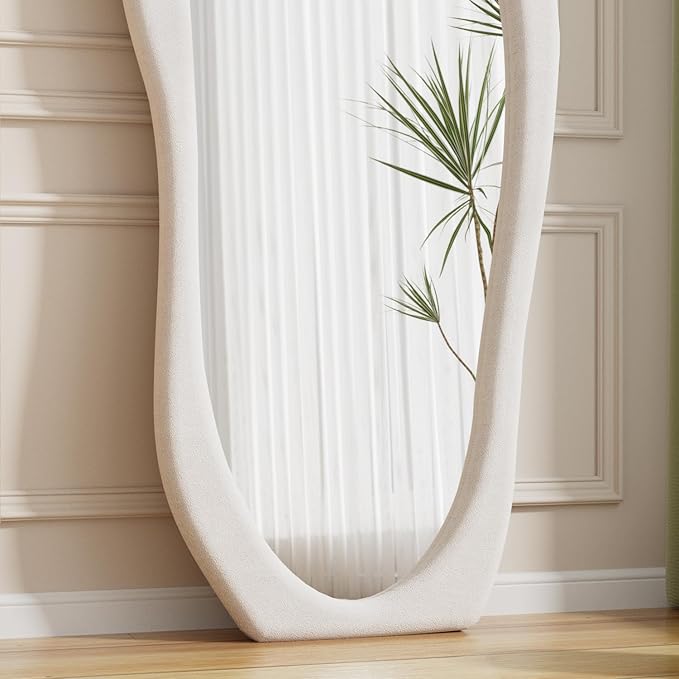 Wavy Floor Mirror, Irregular Full Length Mirror, 63"x24" Full Length Standing Mirror, Flannel Frame Mirrors Floor Length, Hanging or Leaning Wall Mounted Mirrors for Bedroom, No Stand (White)