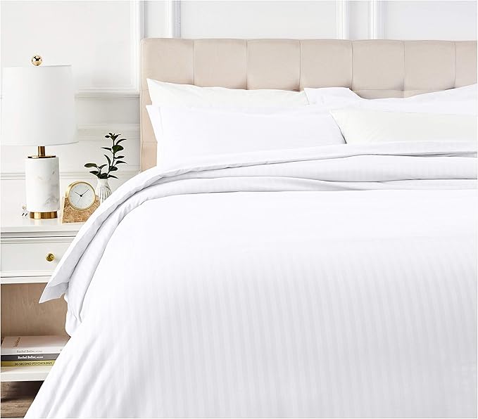 Amazon Basics Microfiber Duvet Cover Set - 3 pieces, King, Bright White Striped