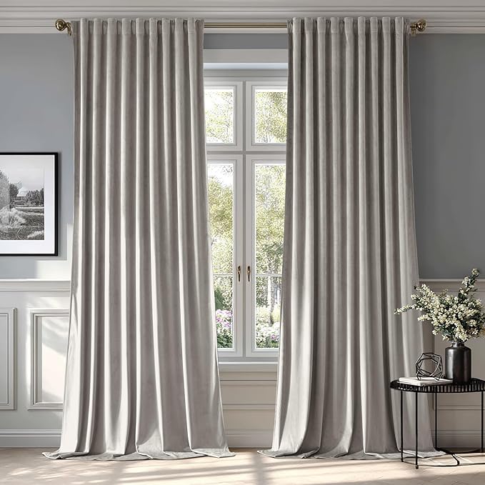 MIULEE Silver Gray Velvet Curtains 108 inches 2 Panels - Luxury Room Darkening Window Drapes for Bedroom Living Room Thermal Insulated Super Soft Blackout Extra Long, Back Tab Rod Pocket Pinch Pleated