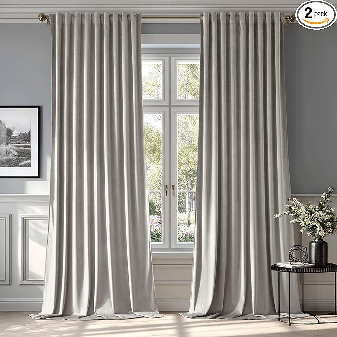 MIULEE Silver Gray Velvet Curtains 90 inches - Luxury Blackout Curtains for Bedroom Living Room Thermal Insulated Super Soft Window Drapes Rod Pocket & Back Tab, W52 x L90 inches, 2 Panels