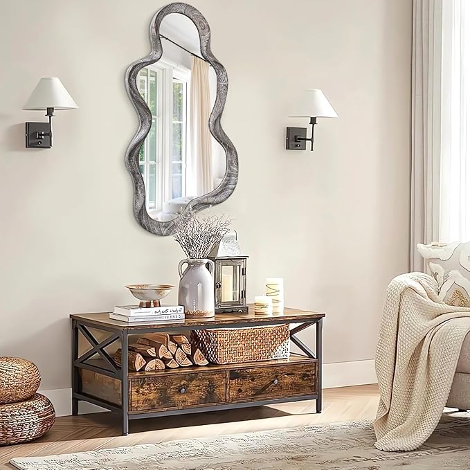 Asymmetrical Cloud Wavy Mirror, Modern Wood Frame, Unique Artistic Decor for Cloakroom, Bedroom, Living Room, Bathroom, Entryway, White, 30"L x 14"W