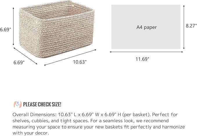 Small Cotton Rope Basket – Storage Bin for Organizing (10.6" x 6.7" x 6.7"), Bathroom Storage Basket for Shelf, Counter & Closet（Beige）