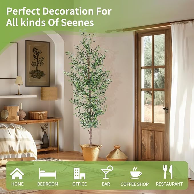 Artificial Olive Tree, 8FT Tall Faux Olive Trees 96in Outdoor Fake Potted Silk Plant with Trunk and Realistic 1574 Leaves and 48 Fruits for Modern Office Home Decor Indoor（1pack）