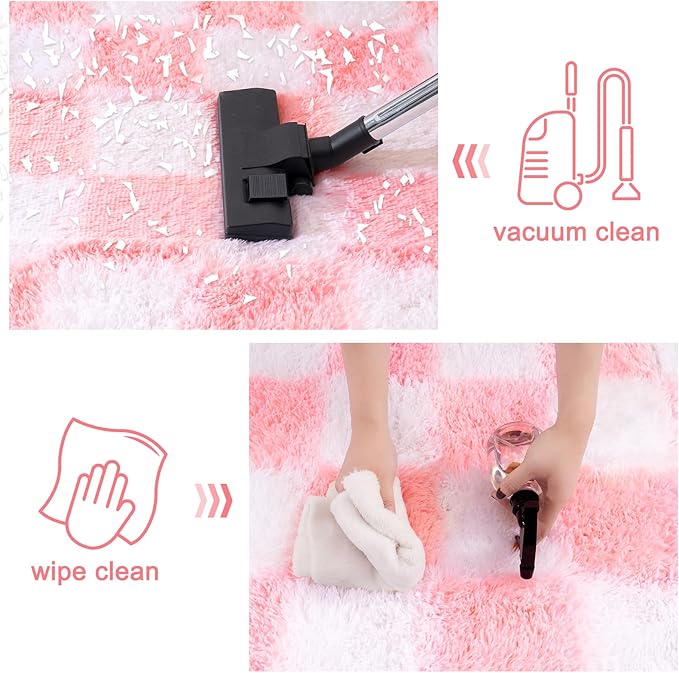 Checkered Rugs for Bedroom, Ultra Fluffy Fuzzy Shag Area Rug for Living Room 5x7, Modern Plush Soft Upgrade Non-Slip Carpet for Kids and Girls Room Dorm Nursery Home Decor, Pink and White