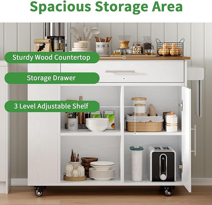 4 EVER WINNER Kitchen Island cart with Storage on Wheels, Kitchen Island with Storage Cabinet, Spice Rack & Towel Rack & Drawer, Kitchen Island Cart with Open Shelves for Dining Room,White