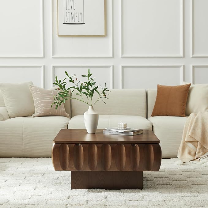 31" Lift Top Coffee Table for Living Room, Fluted Coffee Table with Hidden Storage Compartment, Mid Century Modern Solid Wood Veneer Square Center Table for Office Apartment Small Space, Walnut