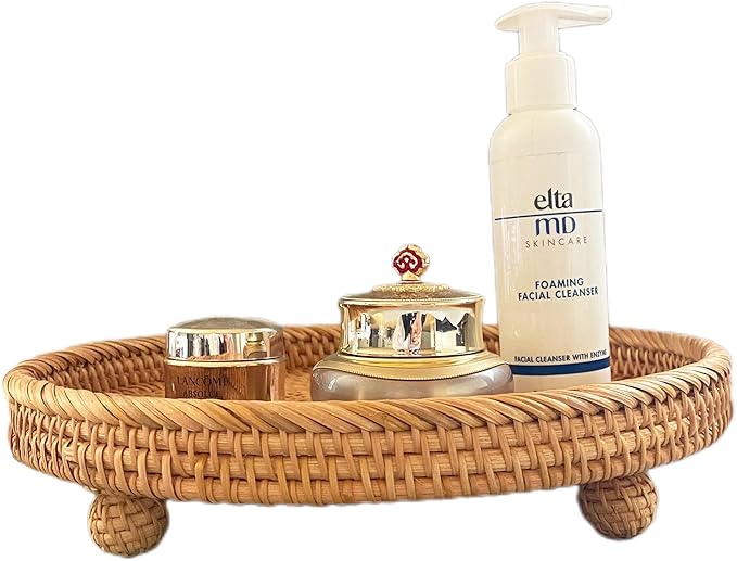 i-lan 12.5 Inch Round Rattan Serving Basket-Round Woven Bread, Fruit, Keys Bowl Pedestal Stand with 1”Side, Flat Wicker Decorative Snack Basket Trays for Candy Dish, Rustic Platter, Display Riser