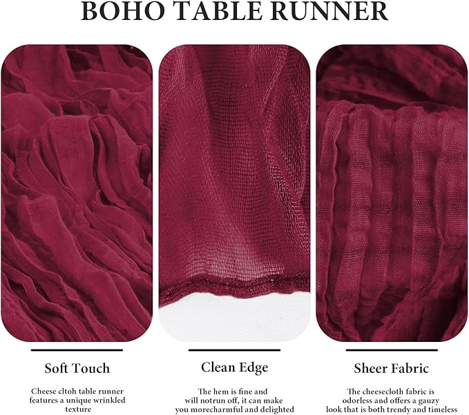 8 Pack 10 ft Burgundy Cheesecloth Table Runner 35x120 Inches Boho Gauze Rustic Cheese Cloth Runners Long Romantic Sheer Table Runner for Wedding Bridal Shower Party Christmas Birthday Decor