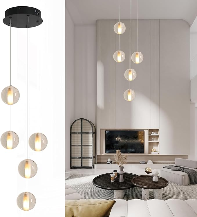 Modern Black 5 Lights Crystal LED Chandelier Raindrop High Ceiling Cluster Pendant Light Crystal Ball Hanging Lighting for Living Room Staircase Entryway Foyer Dining Room, H118" including Bulbs