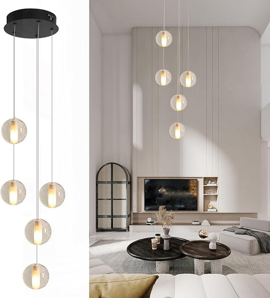 Modern Black 5 Lights Crystal LED Chandelier Raindrop High Ceiling Cluster Pendant Light Crystal Ball Hanging Lighting for Living Room Staircase Entryway Foyer Dining Room, H118" including Bulbs