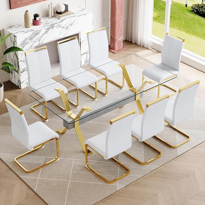 9 Piece Glass Dining Table Set, Kitchen Table Chairs Set for 8, 71'' Dining Table with 0.4" Tempered Glass Tabletop with Plated Metal Legs and MDF Crossbar, 8 PU Chairs for Dining Room, Kitchen.