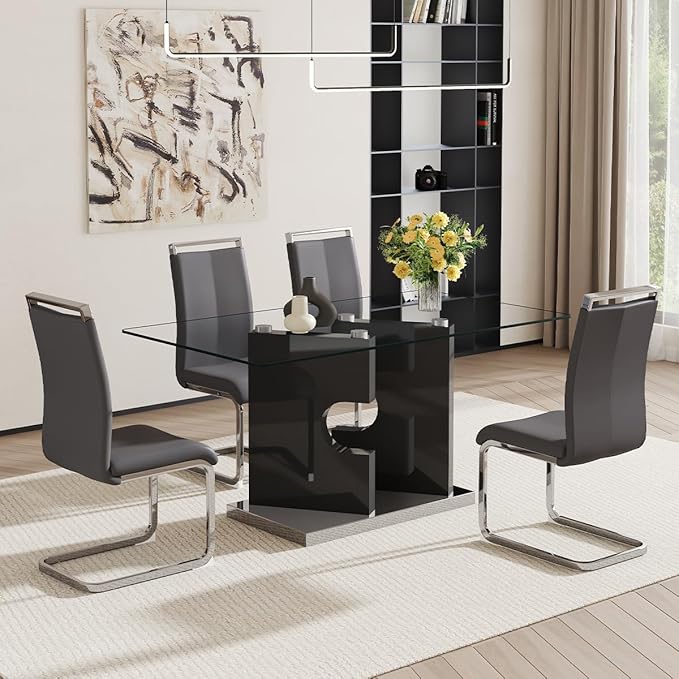 Glass Dining Room Table Set for 4,Dining Table Set for 4 with PU Leather Chairs,Retangular Dining Table with MDF Table Legs and Sliver Base for Dining Room