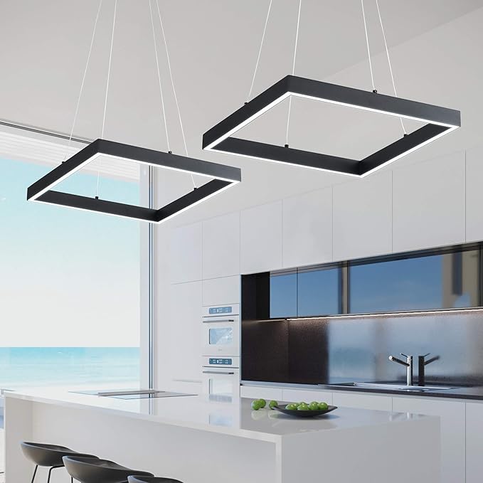 Modern Led Pendant Light Square Led Chandelier 1 Ring Acrylic Pendant Lighting Fixture for Bedroom Living Room Dining Room Kitchen Island 25W 6000K Not-dimmable 15.7L*15.7" W (Black)