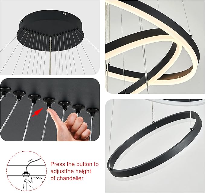 9-Rings D39.4’’ Modern LED Chandelier Black Dimmable High Ceiling Foyer Chandeliers Entryway with Remote Control for Staircase Entryway Living Room Foyer, 3000K-6500K