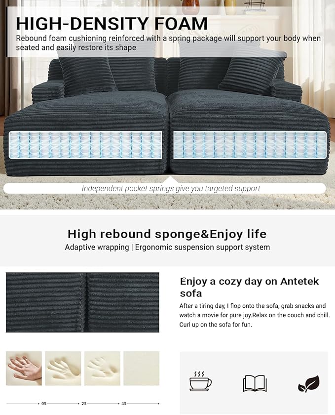 Oversized Double Chaise Lounge, Corduroy Boneless Couch, Modern Oversized Chaise Lounge, Upholstered Sleeper Sectional Sofa Daybed with Throw Pillows and Armrest for Living Room, Dark Grey