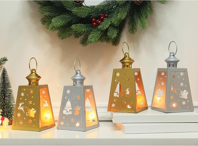DECORKEY Christmas Decorations Outdoor&Indoor,4PCS Vintage Decorative Candle Lanterns for Home Centerpiece Table Decor Gift (2 Golden + 2 Silver, No Glass)