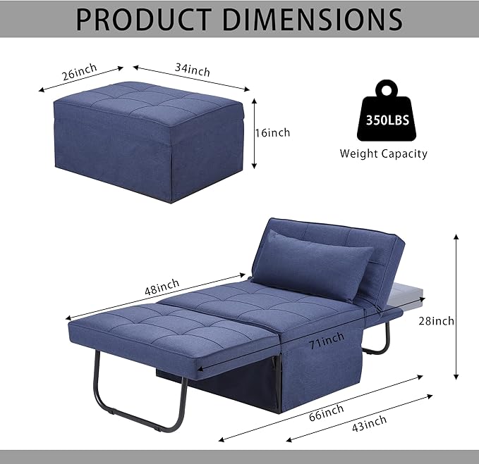 BIGSYY Sofa Bed, 4 in 1 Multi-Function Folding Ottoman Breathable Linen Couch Bed with Adjustable Backrest Modern Convertible Chair for Living Room Apartment Office, Blue