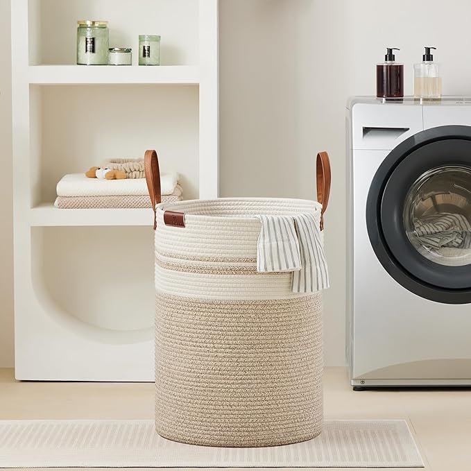 VIPOSCO Tall Laundry Basket, Large Dirty Clothes Hamper with Leather Handle, Woven Rope Storage Basket for Blanket, Toy In Living Room, Bathroom, Bedroom - 100L Brown & White